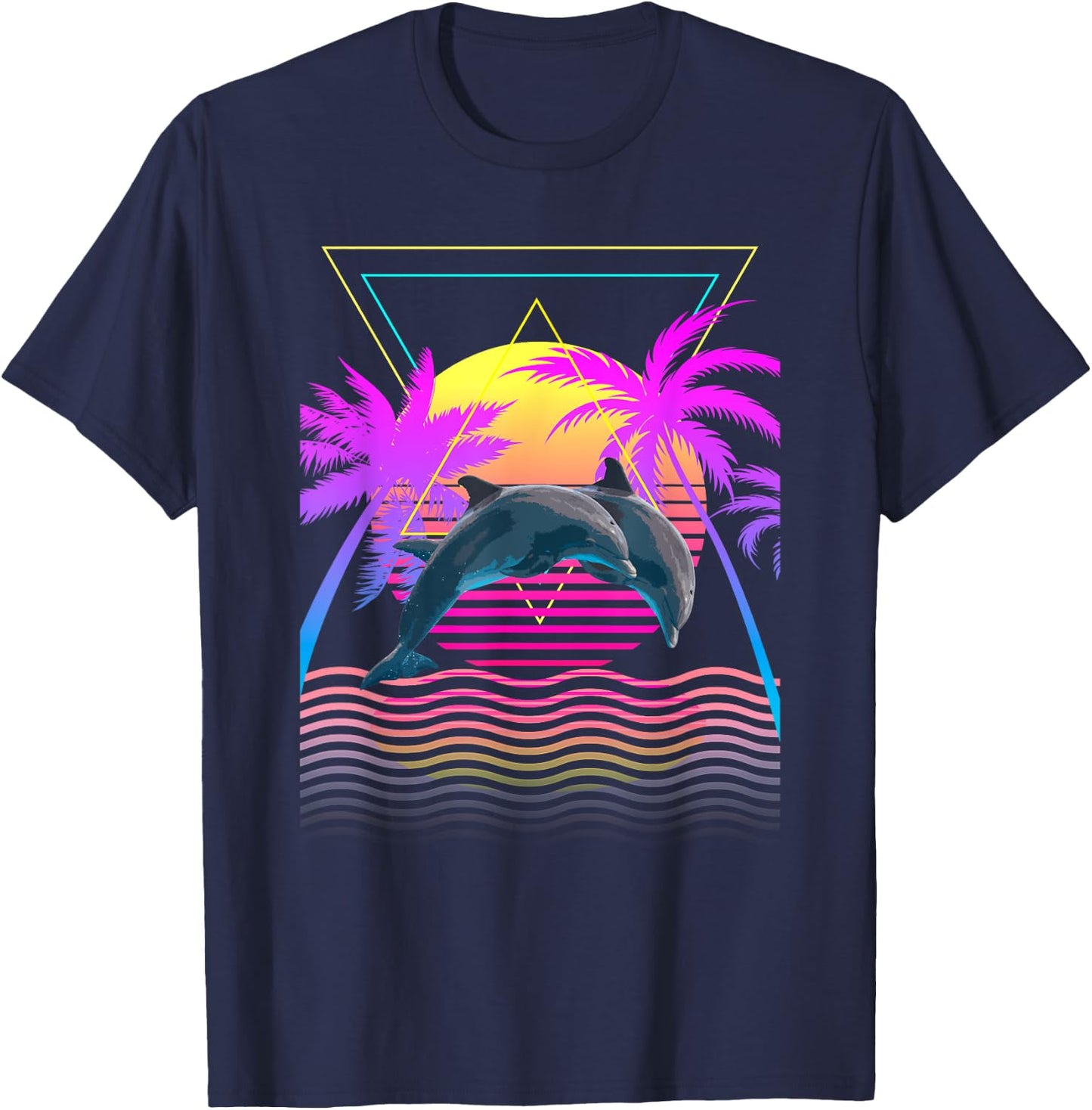 Retro 1980s 1990s Dolphins Palm Trees Sunset Beach Art T-Shirt - T-Shirt | Navy