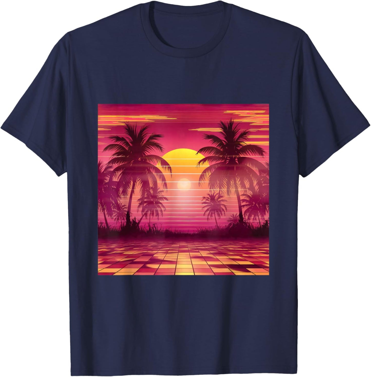 Synthwave Retro Vaporwave Tropical Palm Trees Sunset 90s Art T-Shirt - T-Shirt | Navy
