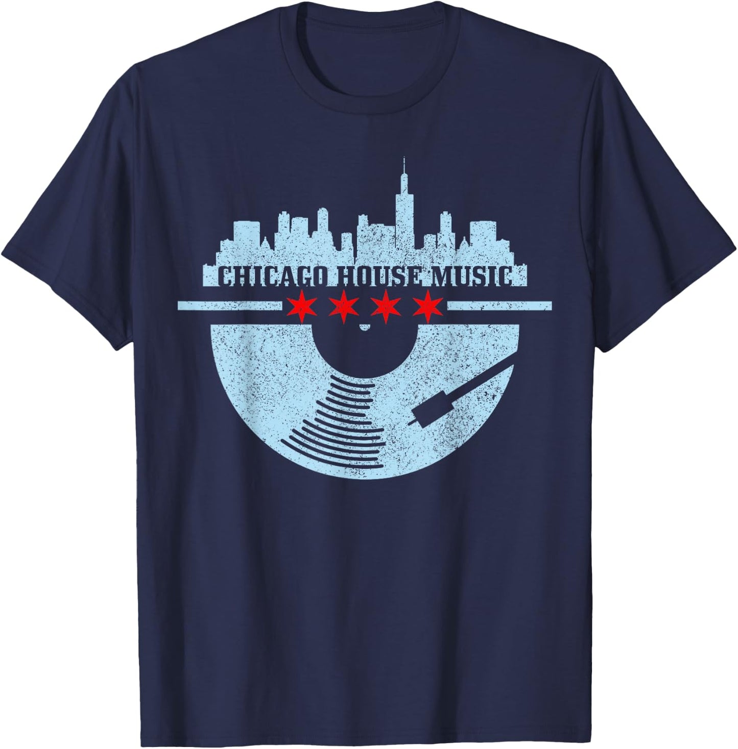 Chicago House Music DJ Raver Vinyl Skyline Retro Vintage T-Shirt - T-Shirt | Navy