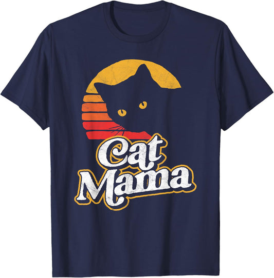 Cat Mama Vintage Eighties Style Cat Retro Distressed T-Shirt - T-Shirt | Navy