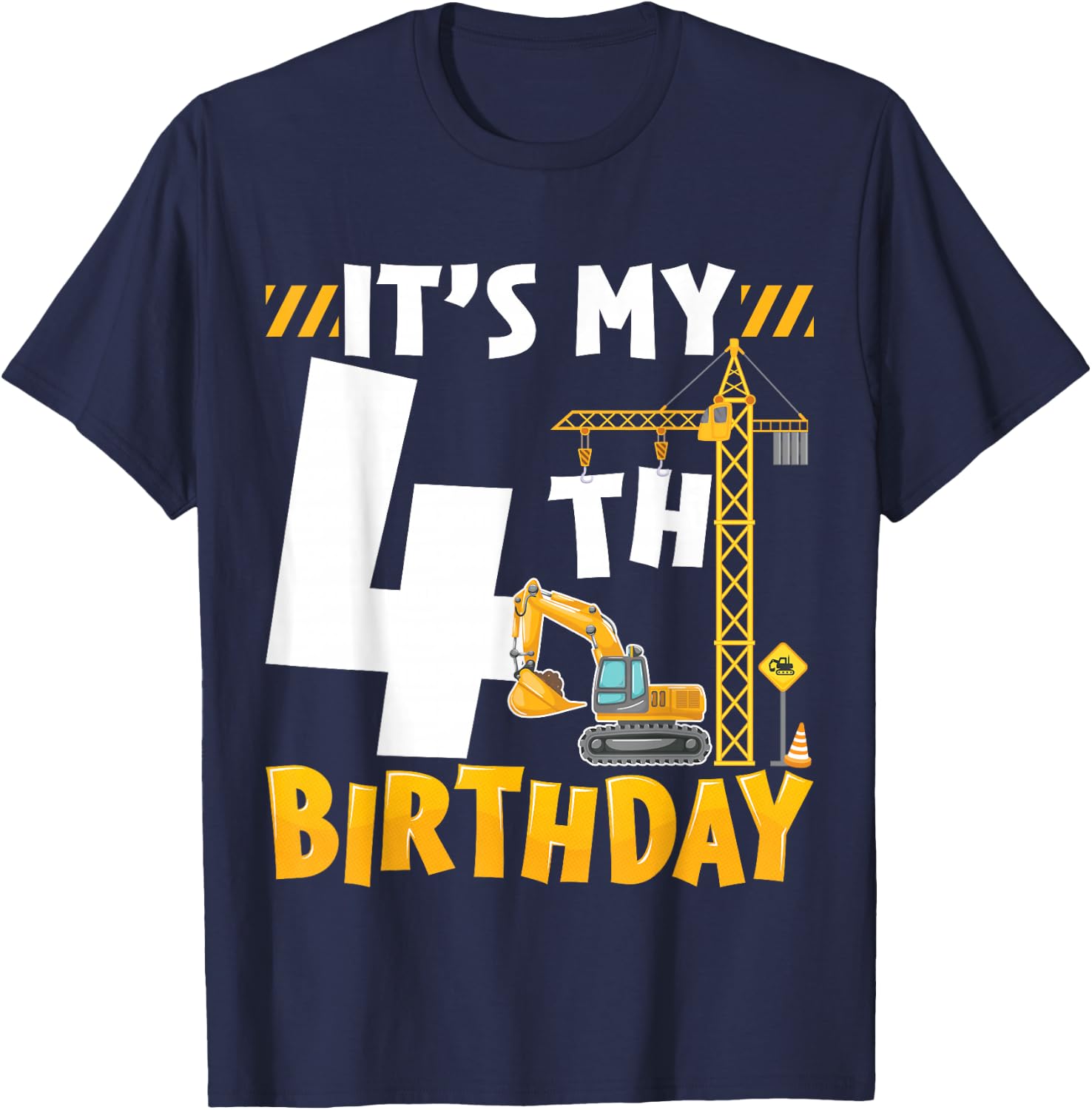 It's My 4th Birthday Boy Construction Excavator 4 Years Old T-Shirt - T-Shirt | Navy