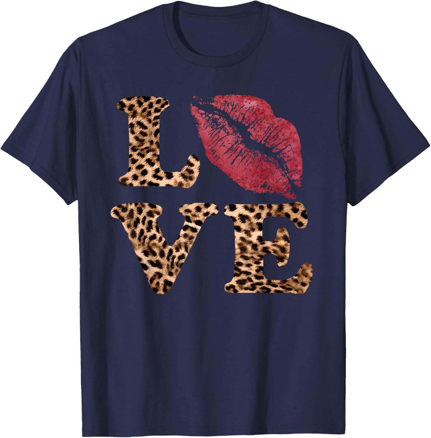 Leopard Print LOVE Red Lips Word Letter Cute Valentine T-Shirt - T-Shirt | Navy