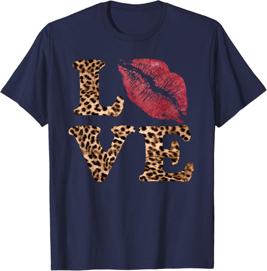 Leopard Print LOVE Red Lips Word Letter Cute Valentine T-Shirt - T-Shirt | Navy