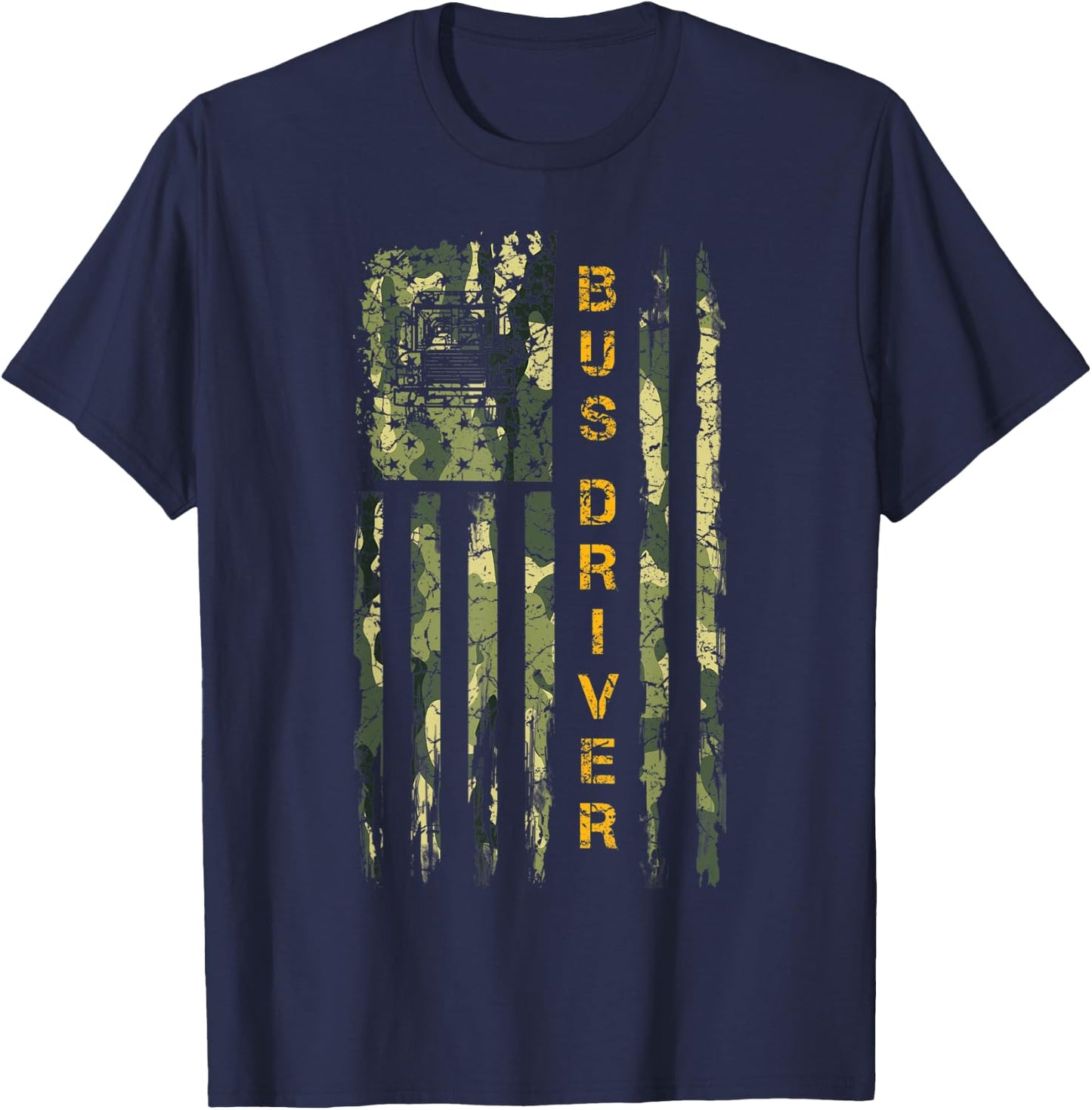 Vintage US Camo Flag School Bus Driver Silhouette Distressed T-Shirt - T-Shirt | Navy
