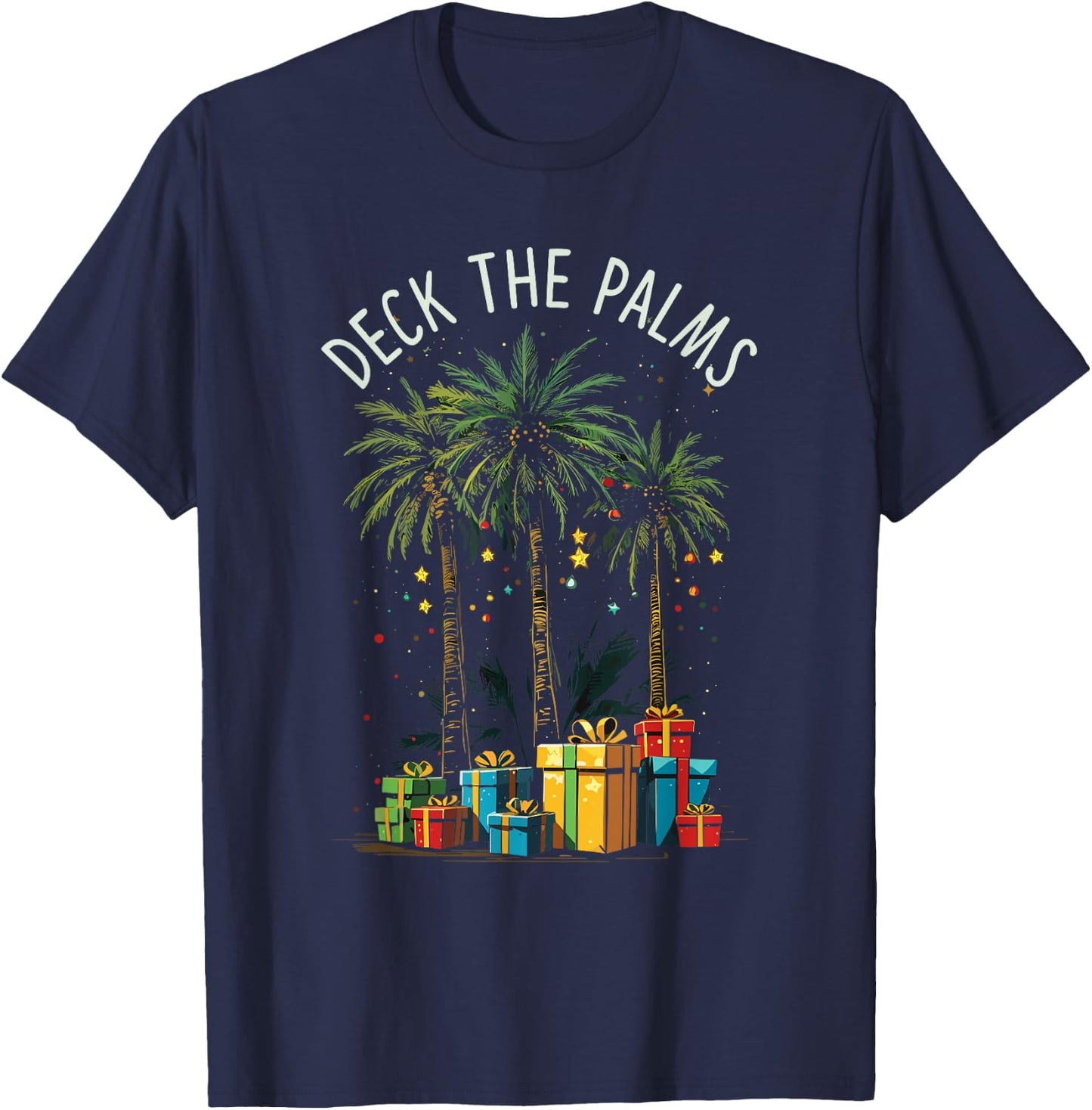 Deck The Palms Tropical Tropical Christmas Palm Tree Lights T-Shirt - T-Shirt | Navy