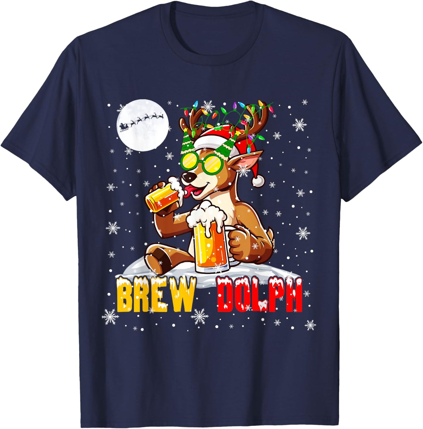 Brew Dolph Funny Reindeer Sunglasses Xmas Tree Drinking Beer T-Shirt - T-Shirt | Navy