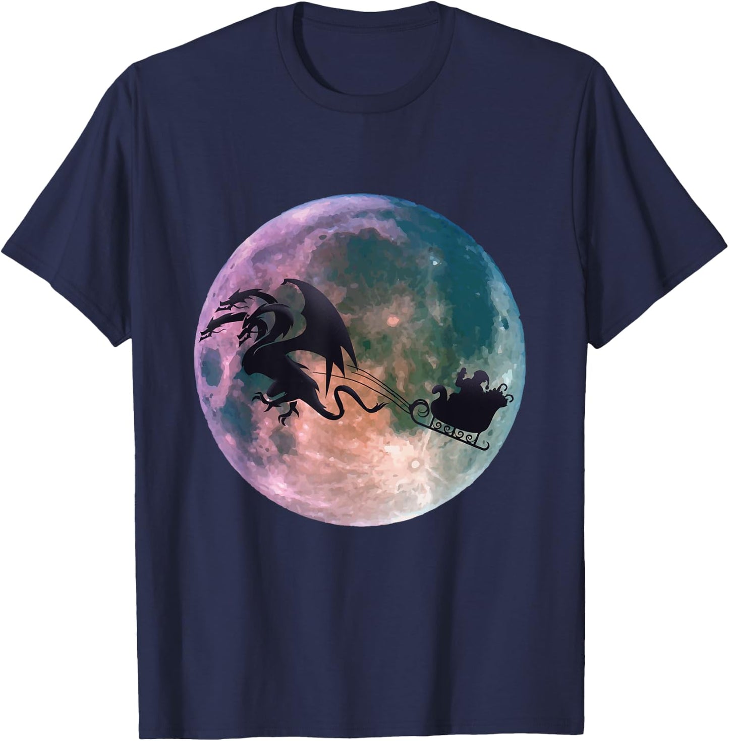Christmas Santa Claus Flying Past the Moon With Dragon Gift T-Shirt - T-Shirt | Navy
