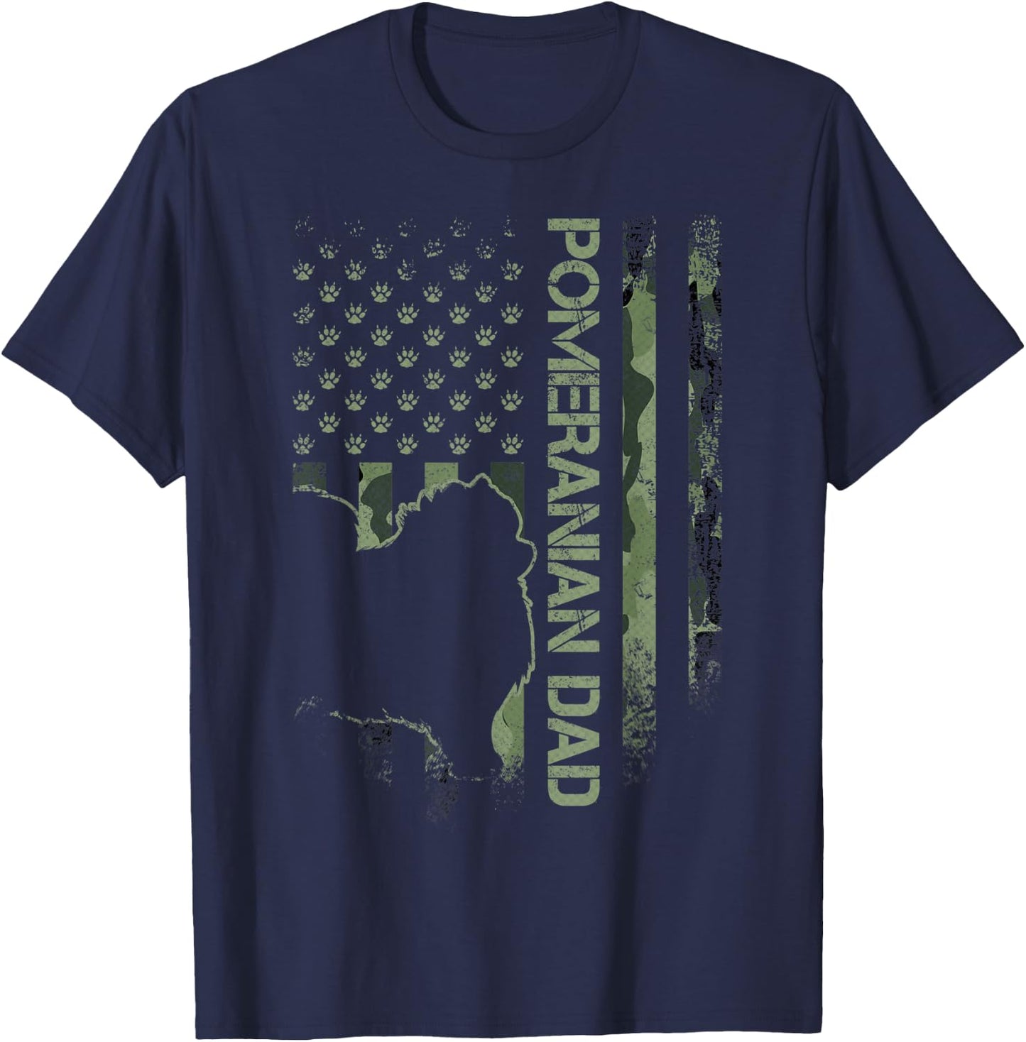 American Camo Flag Proud Pomeranian Dog Dad Pom Silhouette T-Shirt - T-Shirt | Navy