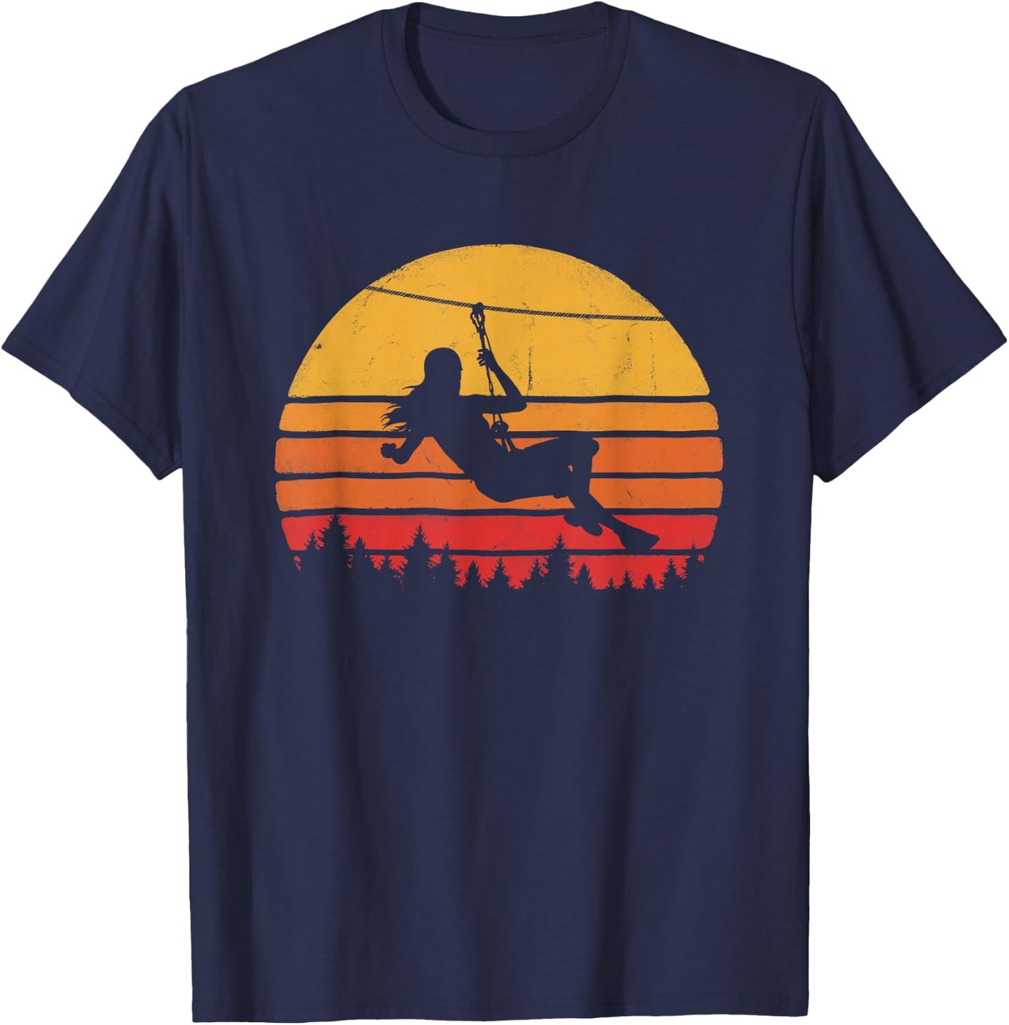 Zipline Girl Retro Graphic Zip Wire Sunset T-Shirt - T-Shirt | Navy