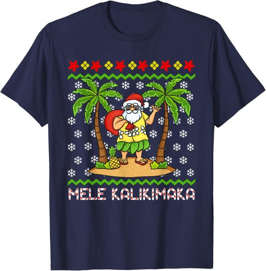 Mele Kalikimaka Hawaiian Christmas In July Hawaii Santa T-Shirt - T-Shirt | Navy