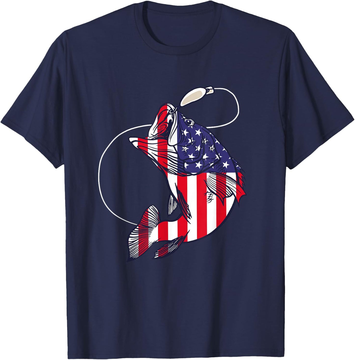 Bass Fishing Fish American Flag Patriotic Fourth of July T-Shirt - T-Shirt | Navy