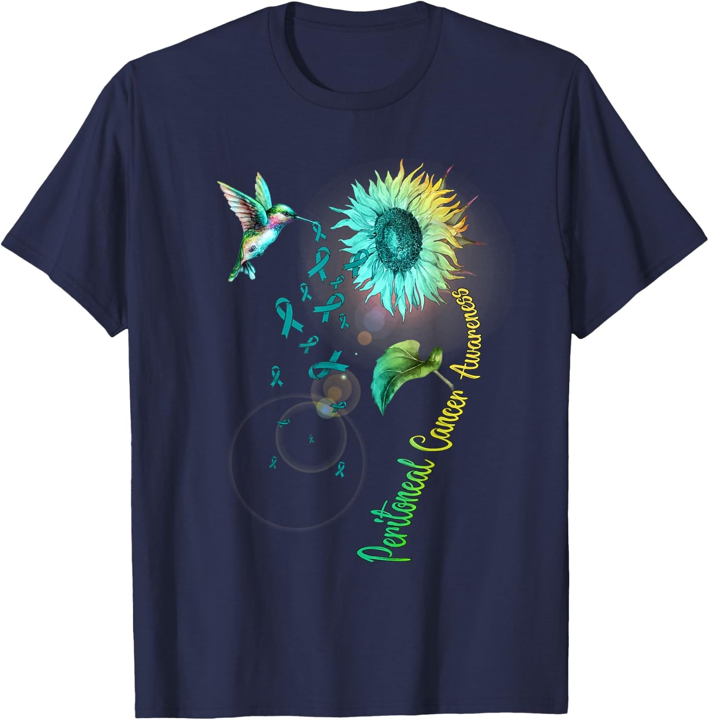 Peritoneal Cancer Sunflower Hummingbird T-Shirt - T-Shirt | Navy