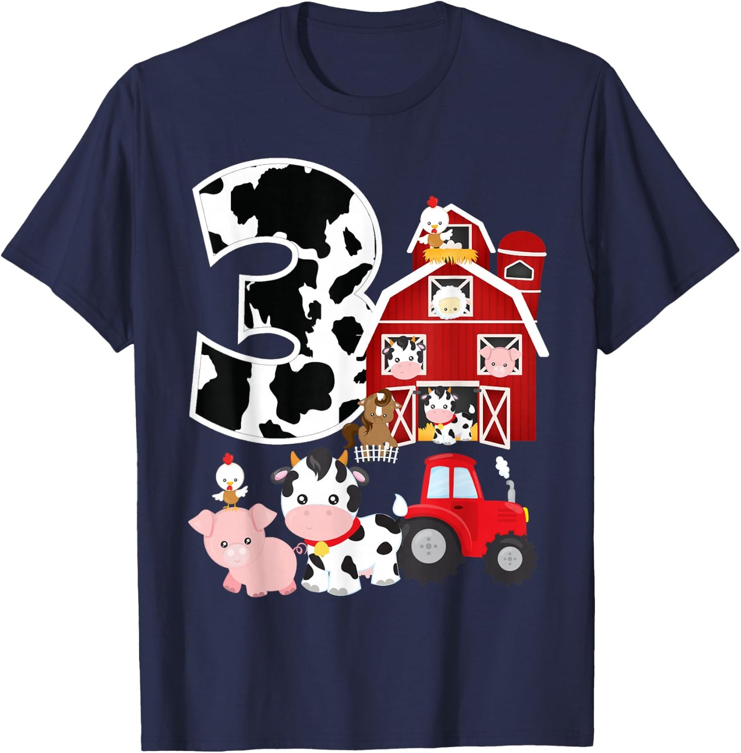 Farm Barnyard Theme Pig Cow Horse 3rd Birthday 3 Yrs Old T-Shirt - T-Shirt | Navy