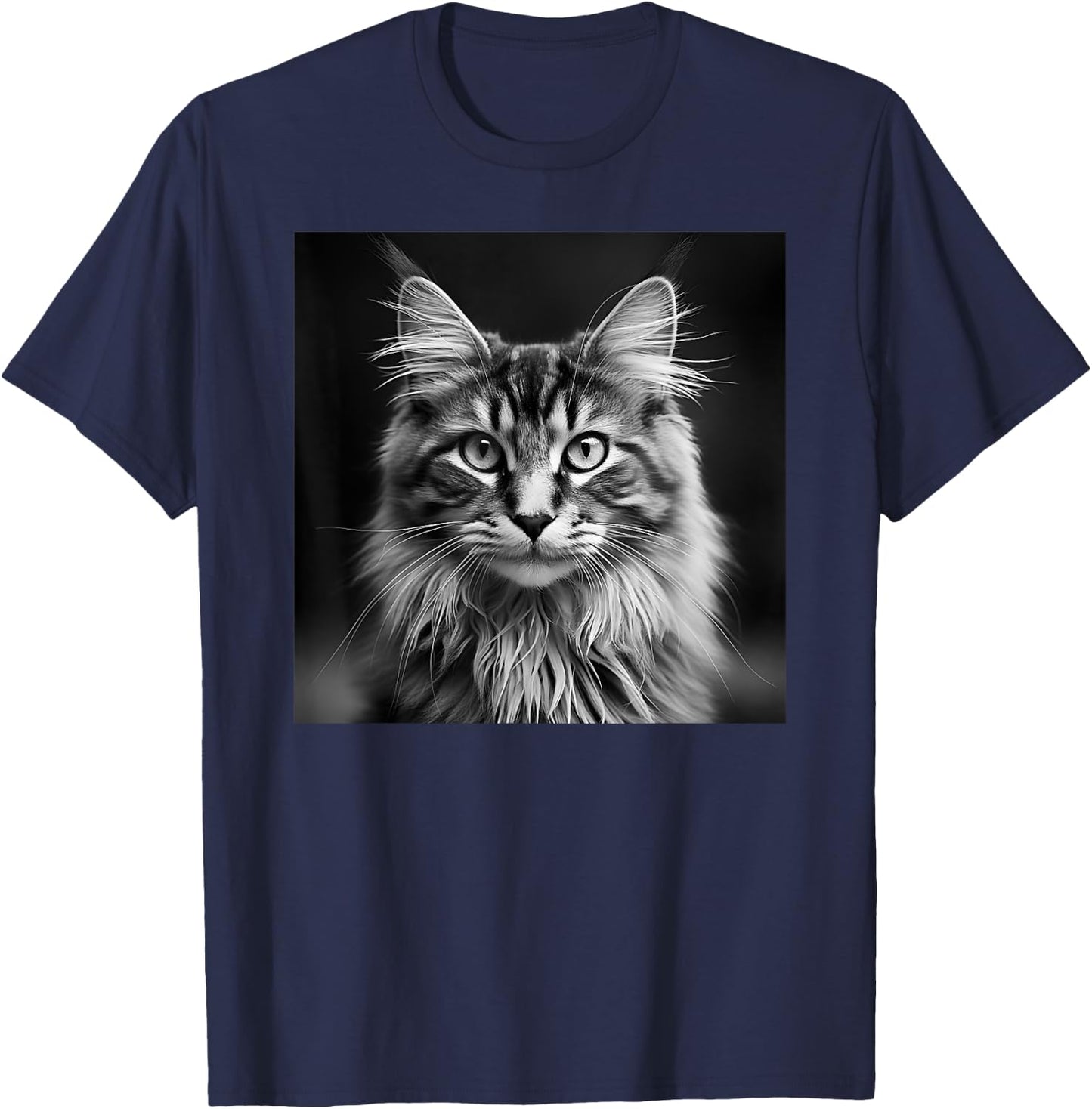 Maine Coon Cat Cinematic Black And White Photography T-Shirt - T-Shirt | Navy