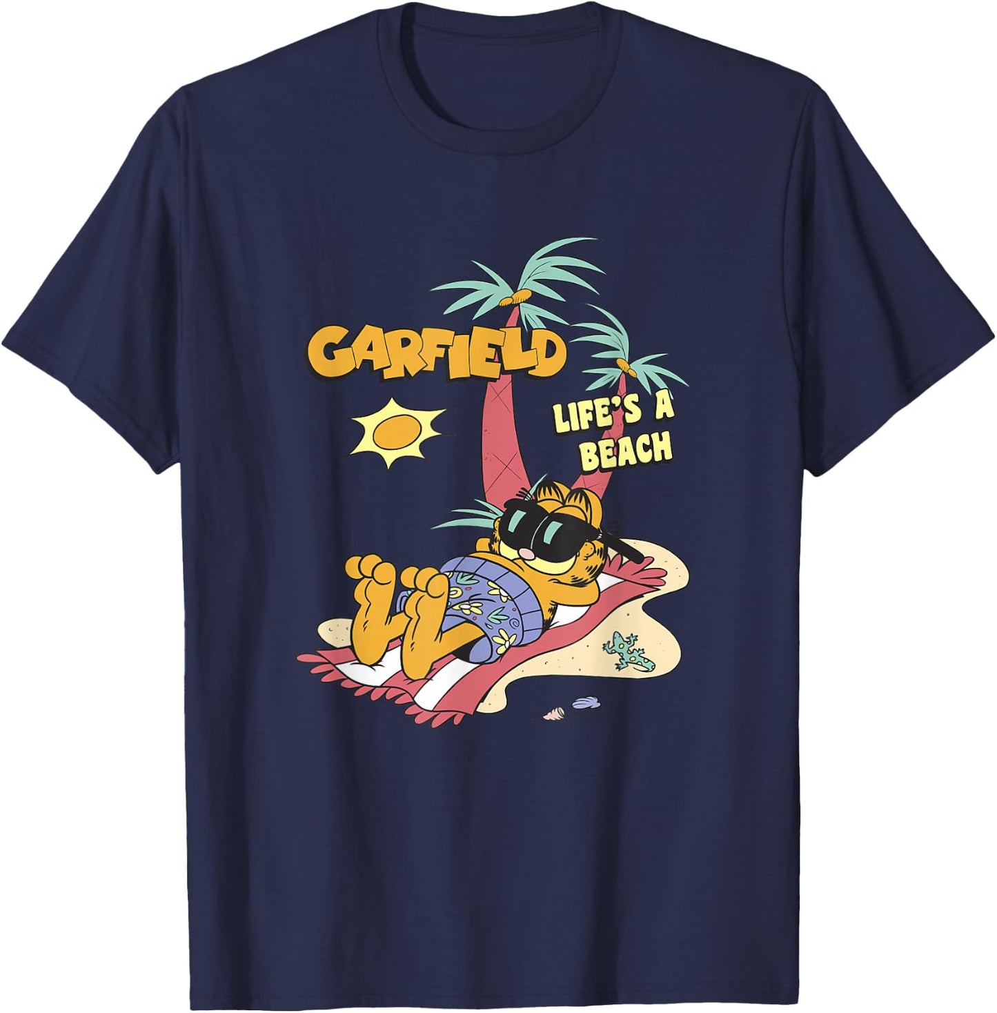 Garfield Life's A Beach Retro Vintage Tropical Cat Nap T-Shirt - T-Shirt | Navy
