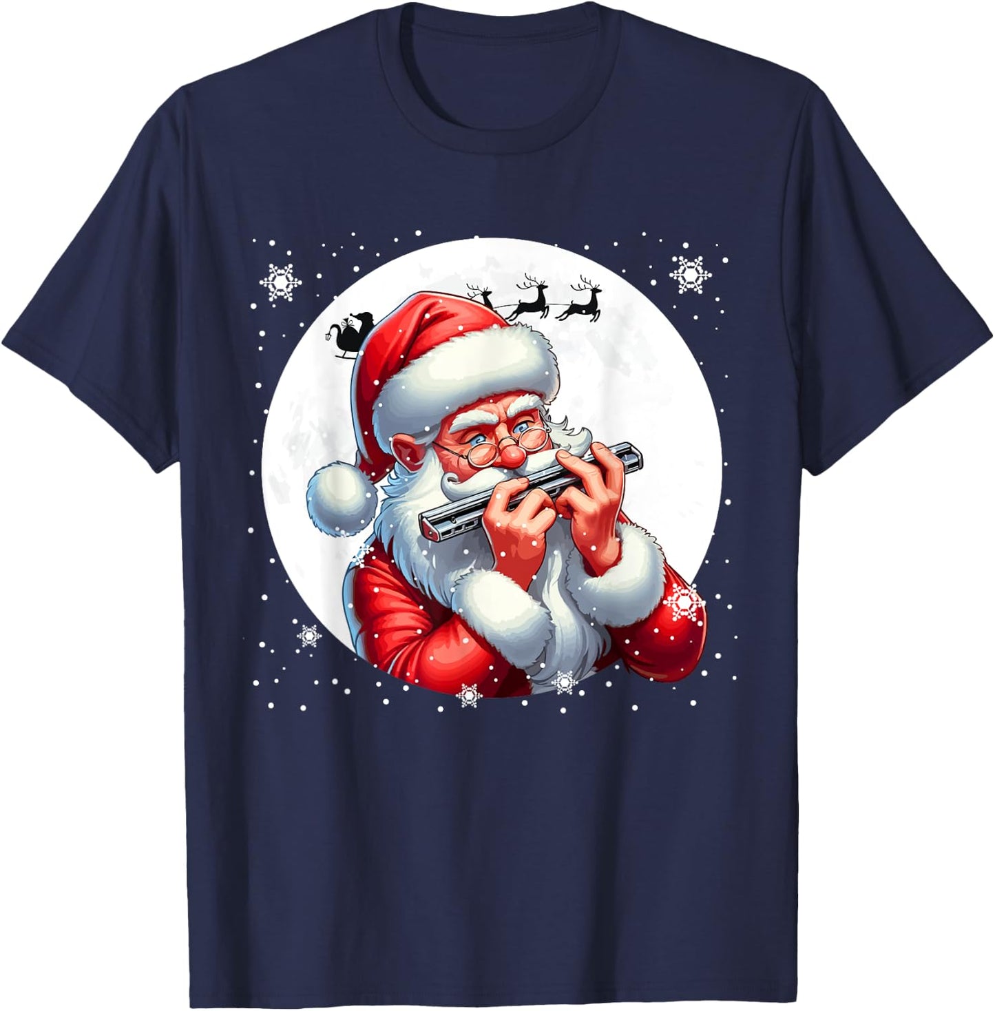 Santa Playing Harmonica Xmas Moon Costume Instrument Music T-Shirt - T-Shirt | Navy