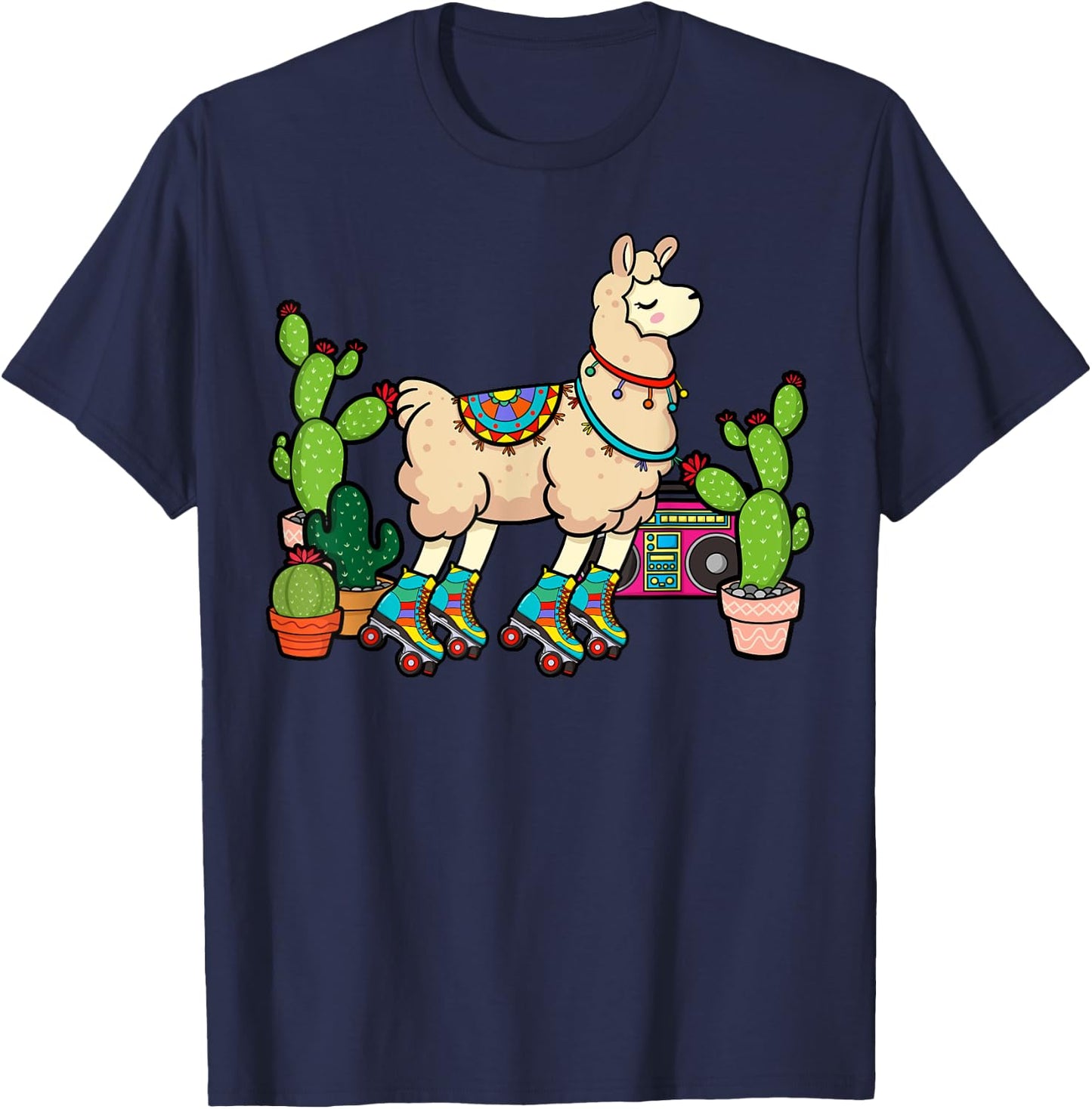 Llama Roller Skates Boombox Ghetto Blaster Vintage 70s T-Shirt - T-Shirt | Navy