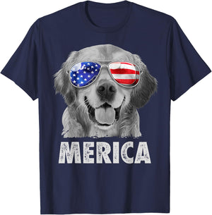 Golden Retriever 4th of July Merica American Flag Sunglasses T-Shirt - T-Shirt | Navy
