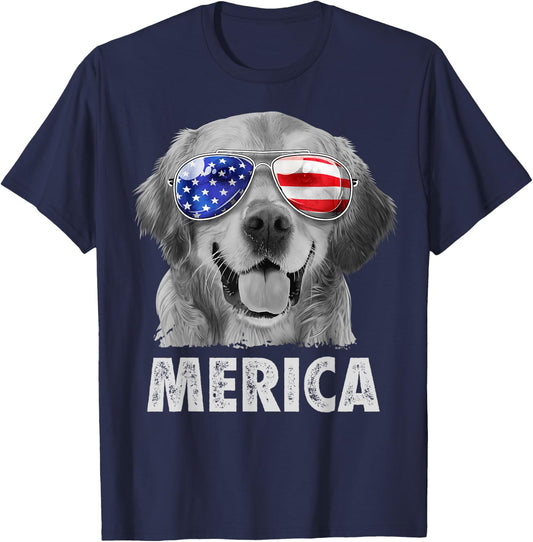 Golden Retriever 4th of July Merica American Flag Sunglasses T-Shirt - T-Shirt | Navy