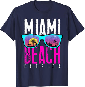 Miami Beach Shirt Florida Sunset Retro Souvenir Surf Miami Women Girls Kids T-Shirt - T-Shirt | Navy