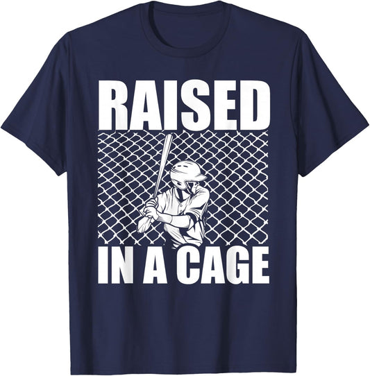 Raised In A Cage Baseball Training Batter Catcher Pitch T-Shirt - T-Shirt | Navy