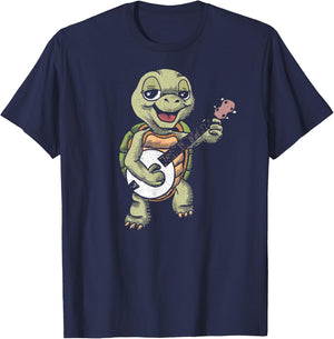 Banjo Picking Turtle Cute Funny Terrapin Music Graphic T-Shirt - T-Shirt | Navy