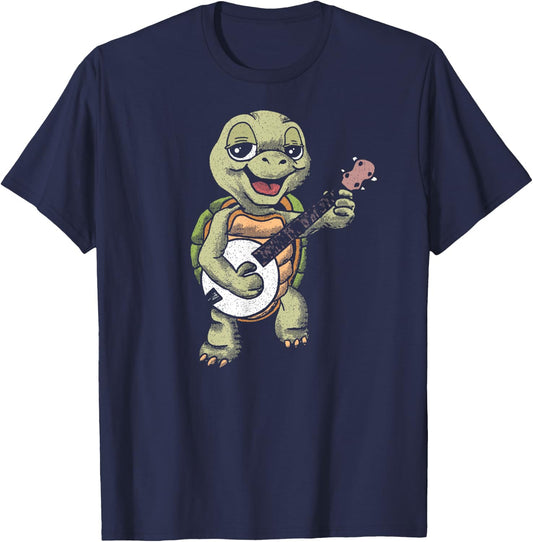 Banjo Picking Turtle Cute Funny Terrapin Music Graphic T-Shirt - T-Shirt | Navy