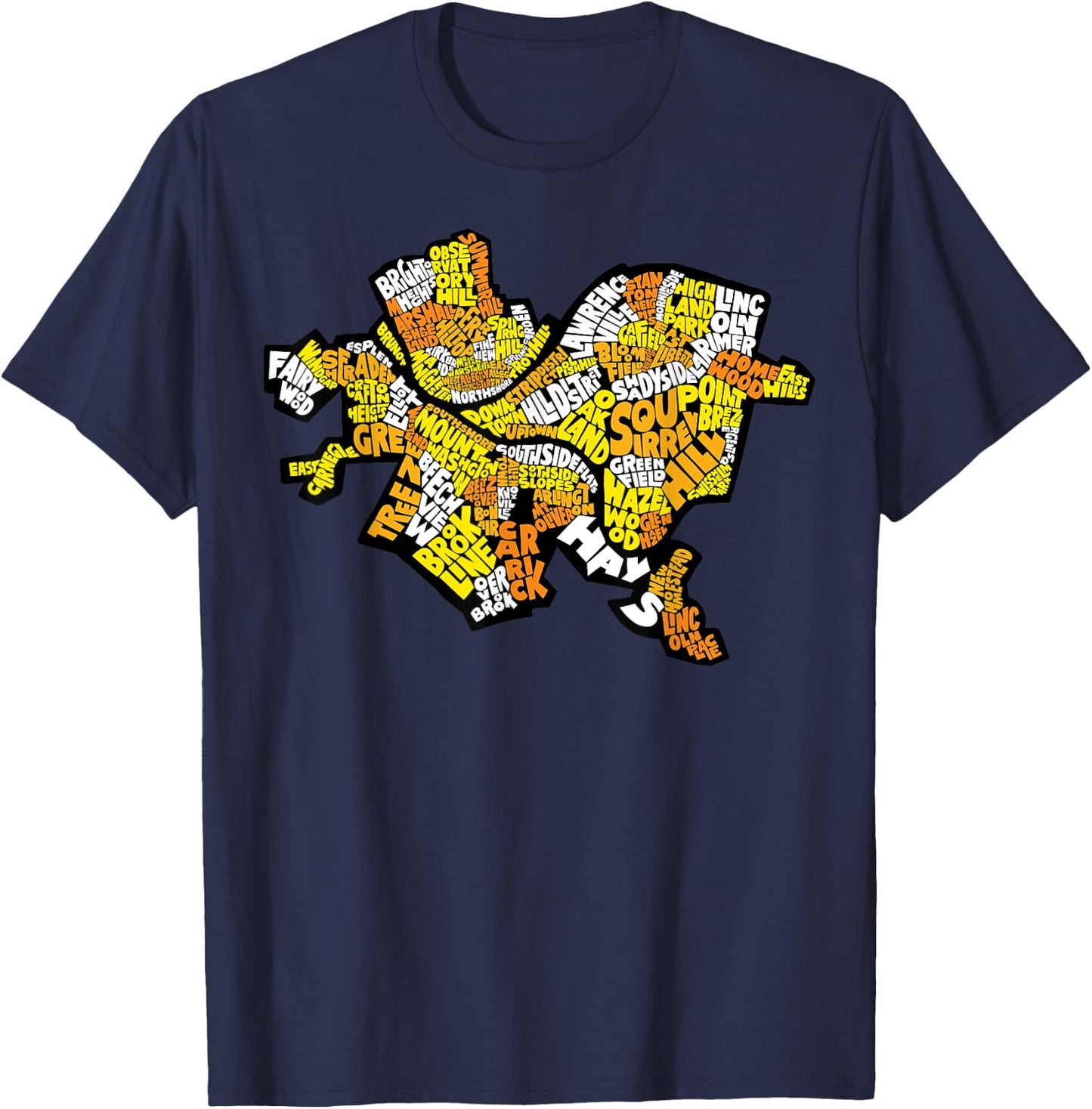 Pittsburgh Neighborhood Names Map Black and Yellow T-Shirt - T-Shirt | Navy