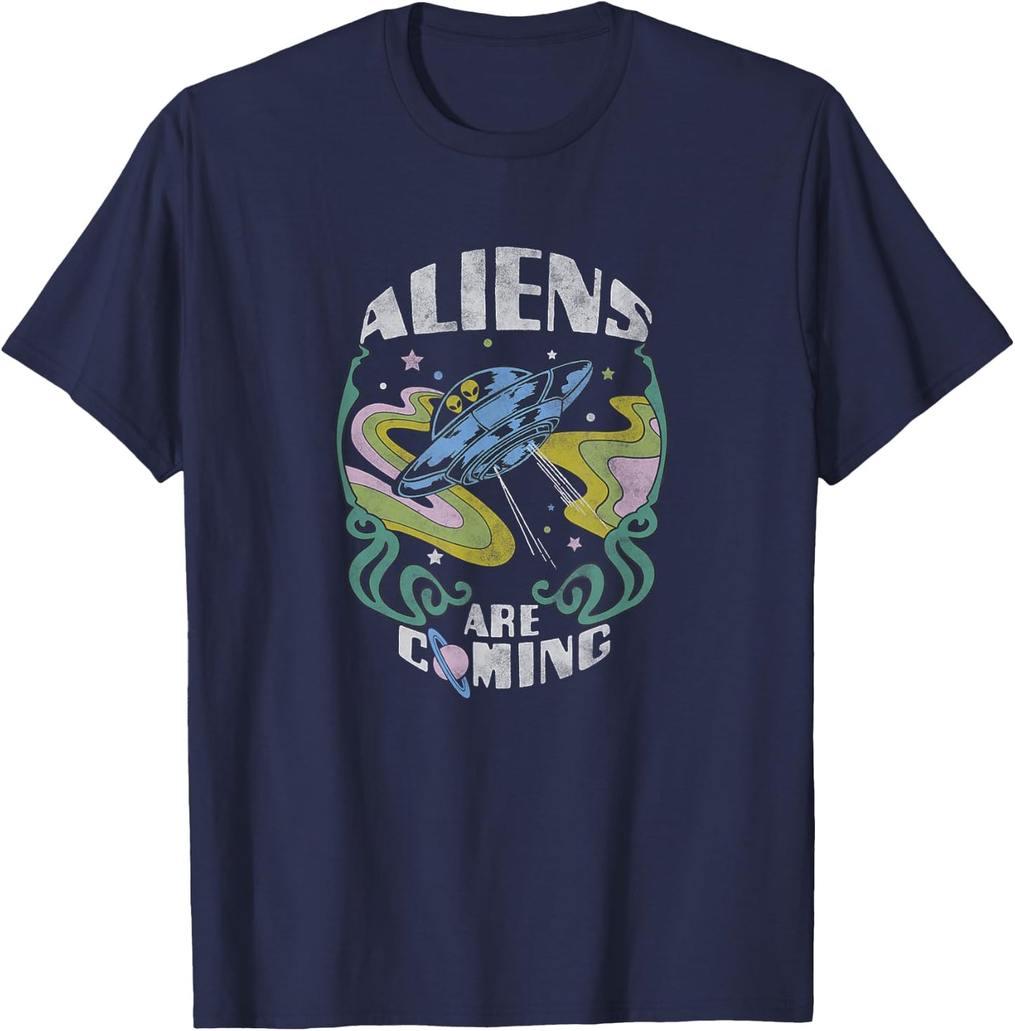 Aliens Are Coming Psychedelic Spaceship T-Shirt - T-Shirt | Navy
