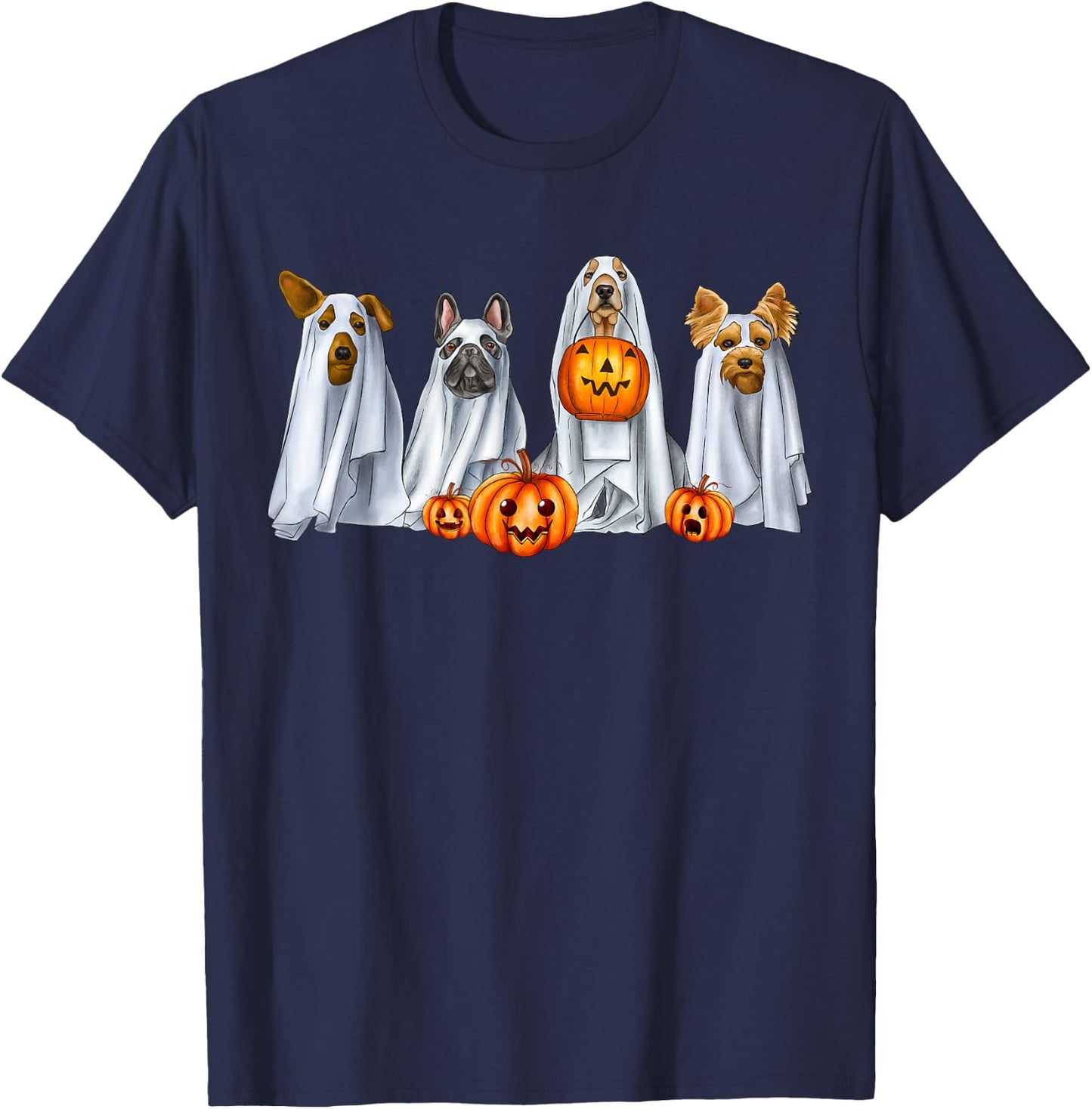 Dog Dressed As Ghost Spooky Season Ghost Dogs Halloween T-Shirt - T-Shirt | Navy