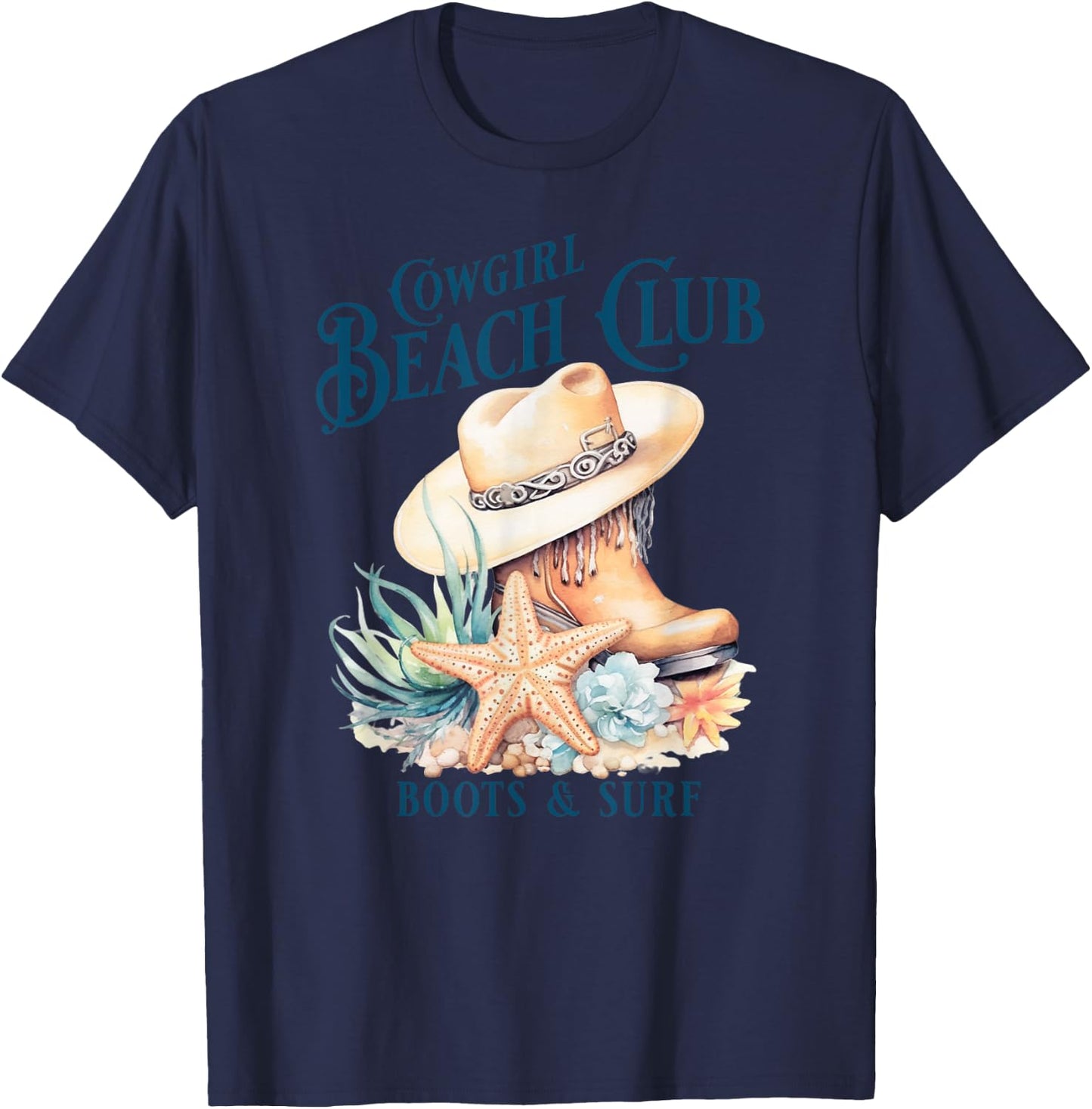 Cowgirl Surf Club, Coastal Boots On The Beach, Beach Cowgirl T-Shirt - T-Shirt | Navy