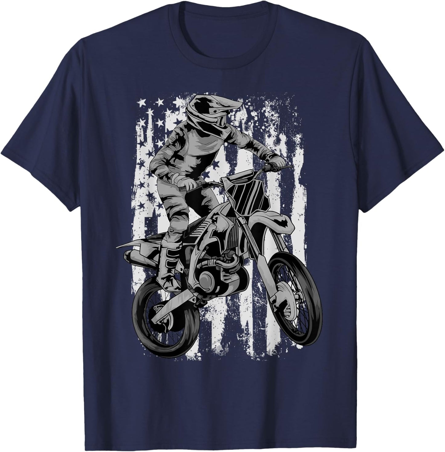 Motocross Motorcross Dirt Bike USA Flag Patriotic Women Kids Men T-Shirt - T-Shirt | Navy