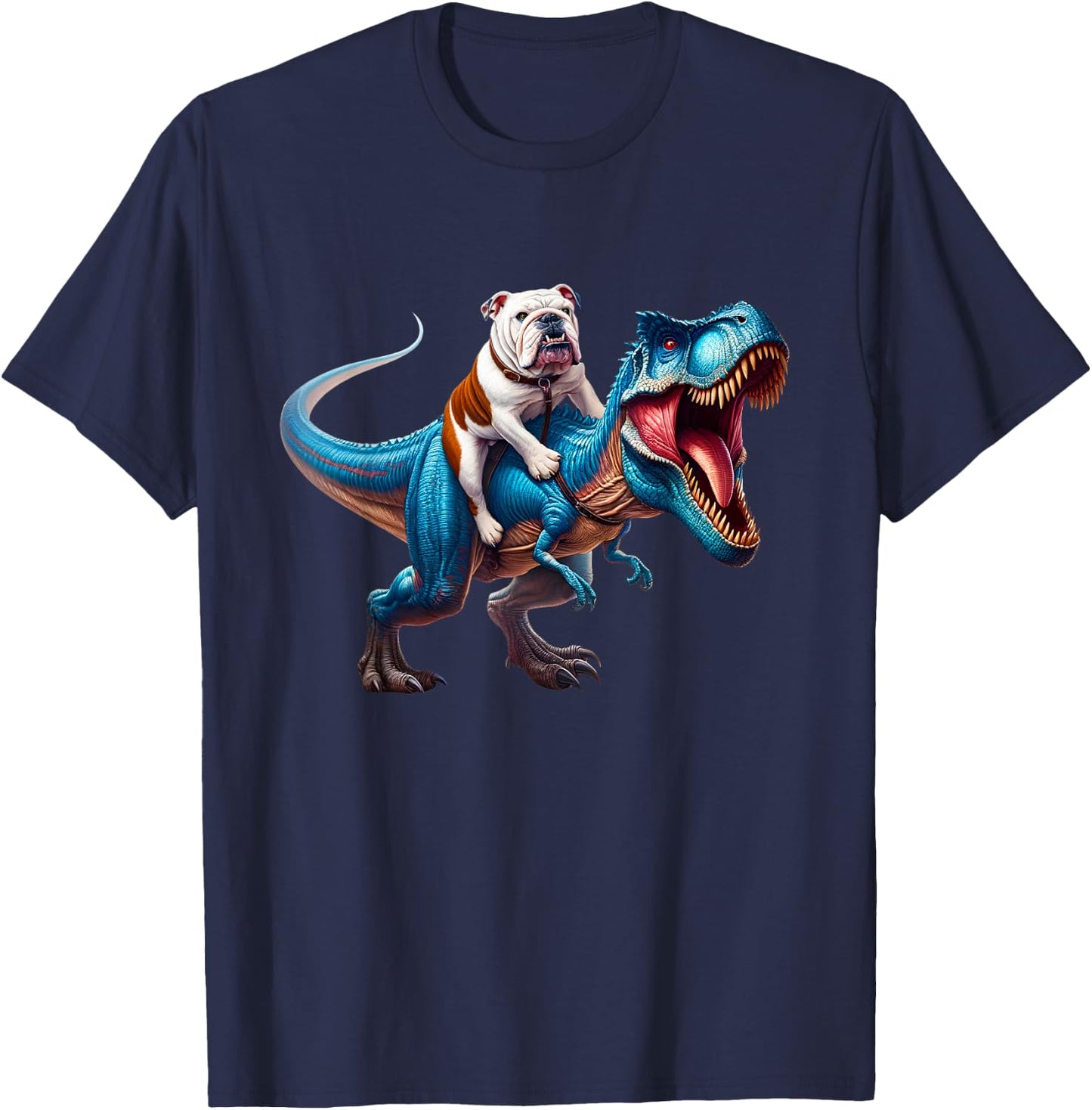 English Bulldog Riding T-Rex Dinosaur Dog Lover T-Shirt - T-Shirt | Navy