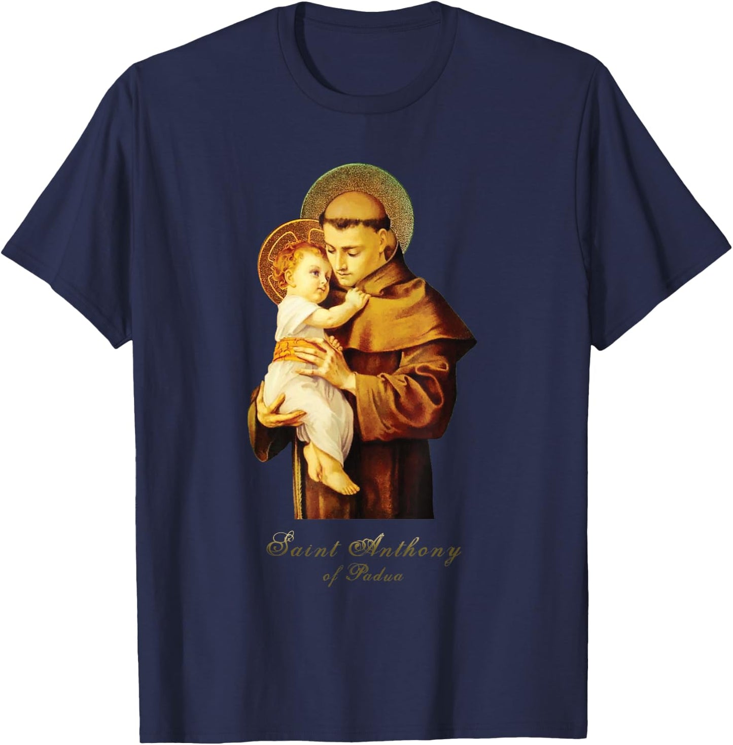 MJ Sacred Art St Anthony of Padua Catholic Saint - Women's Black Short Sleeve Classic Fit Letter Print T Back Collarless - Small T-Shirt - T-Shirt | Navy