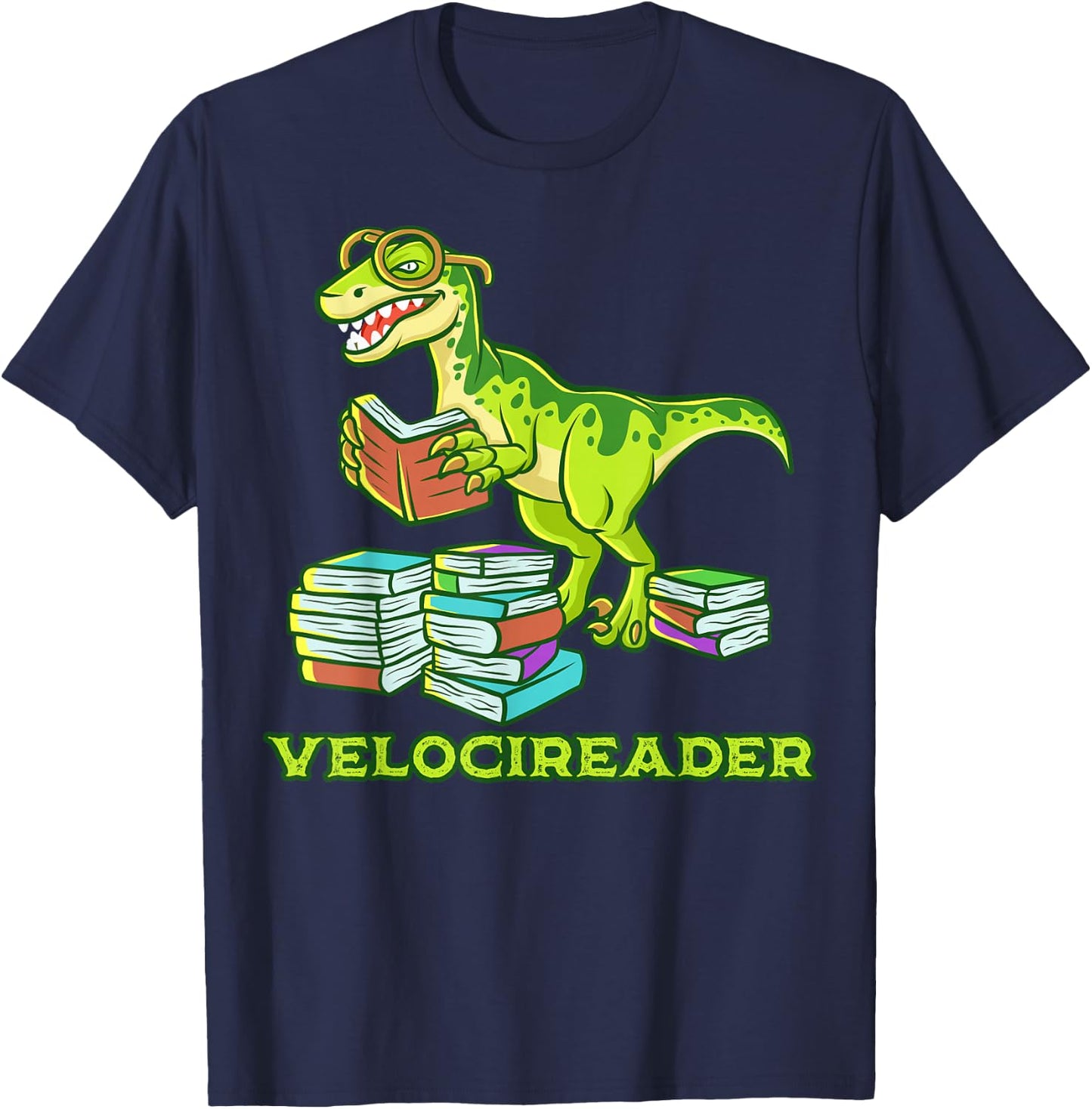 Velocireader Dinosaur Book Reading Velociraptor Dino T-Shirt - T-Shirt | Navy