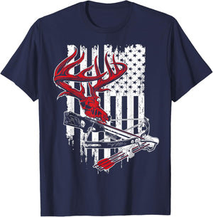 American Flag Archery Bow Hunting - Deer Skull Crossbow T-Shirt - T-Shirt | Navy