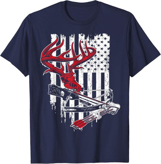 American Flag Archery Bow Hunting - Deer Skull Crossbow T-Shirt - T-Shirt | Navy