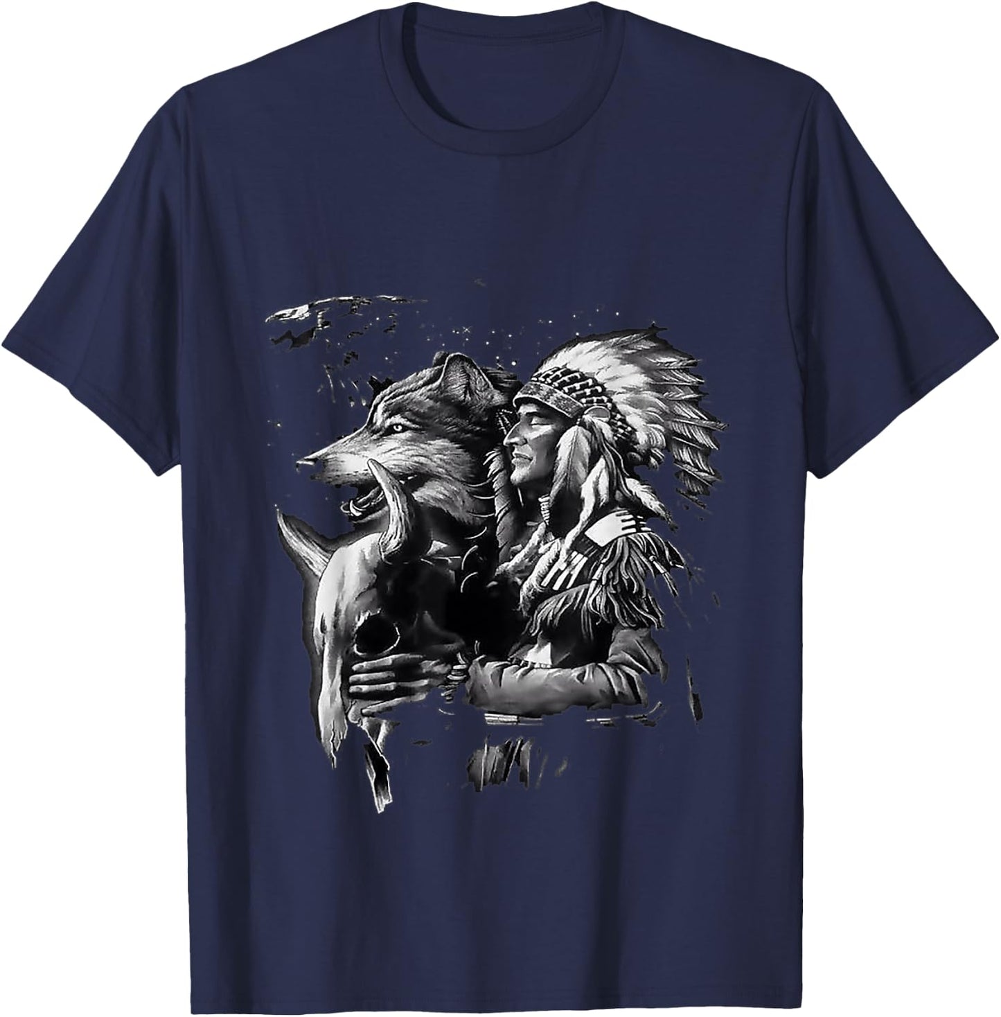Wolf with native American Indians T-Shirt - T-Shirt | Navy