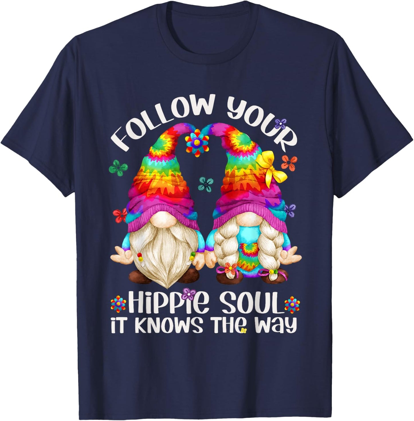 Hippie Soul Gnomies Makes Peace Sign - Cute Hippie Gnome T-Shirt - T-Shirt | Navy