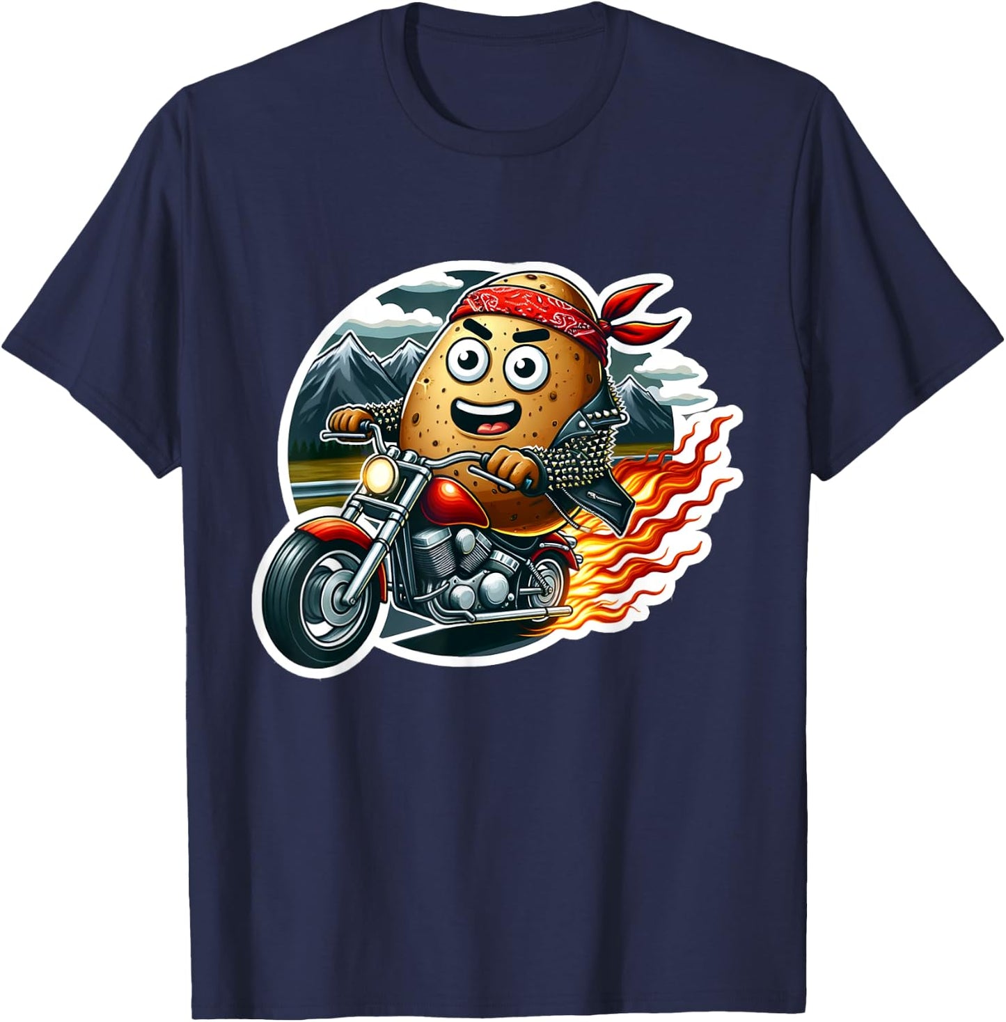 Funny Potato Tater Tot Riding Motorcycle Bike Biker Taters T-Shirt - T-Shirt | Navy