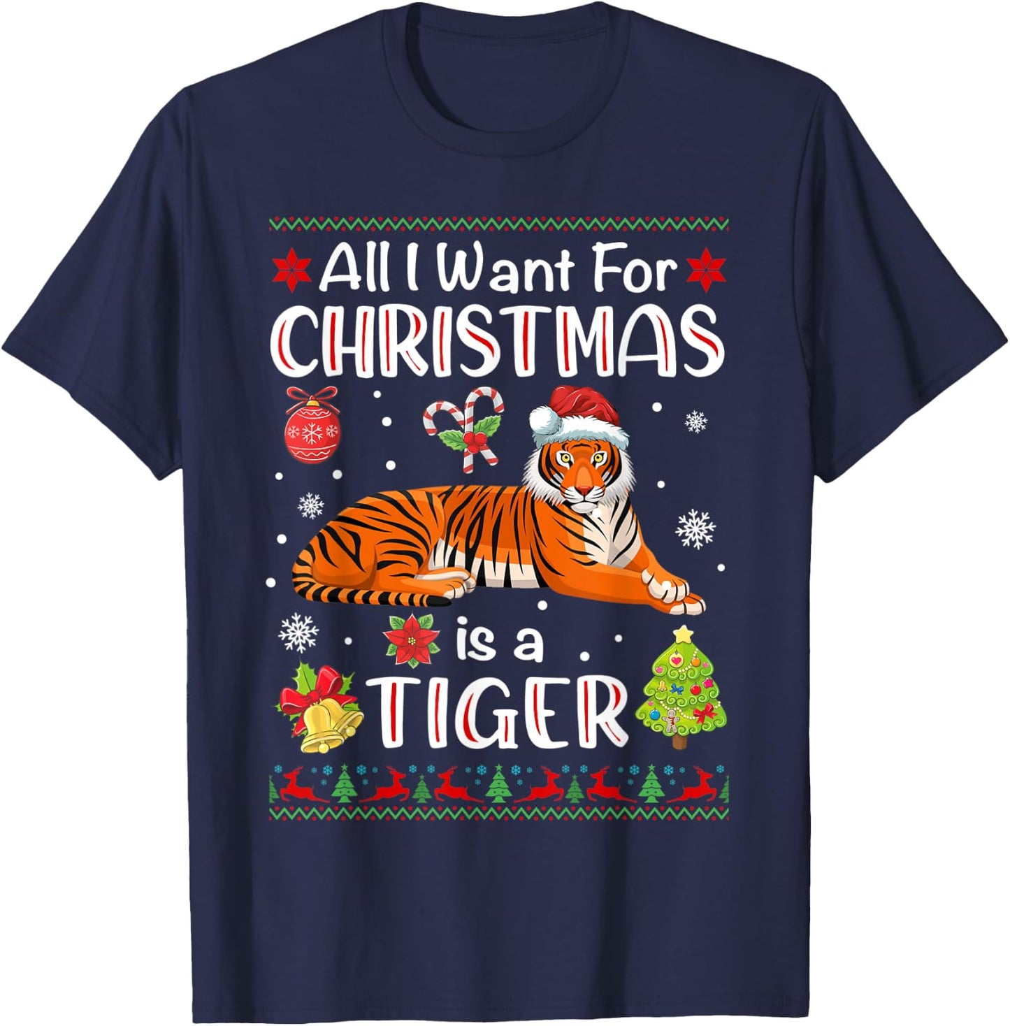 All I Want Is A Tiger For Christmas Ugly Xmas Pajamas T-Shirt - T-Shirt | Navy