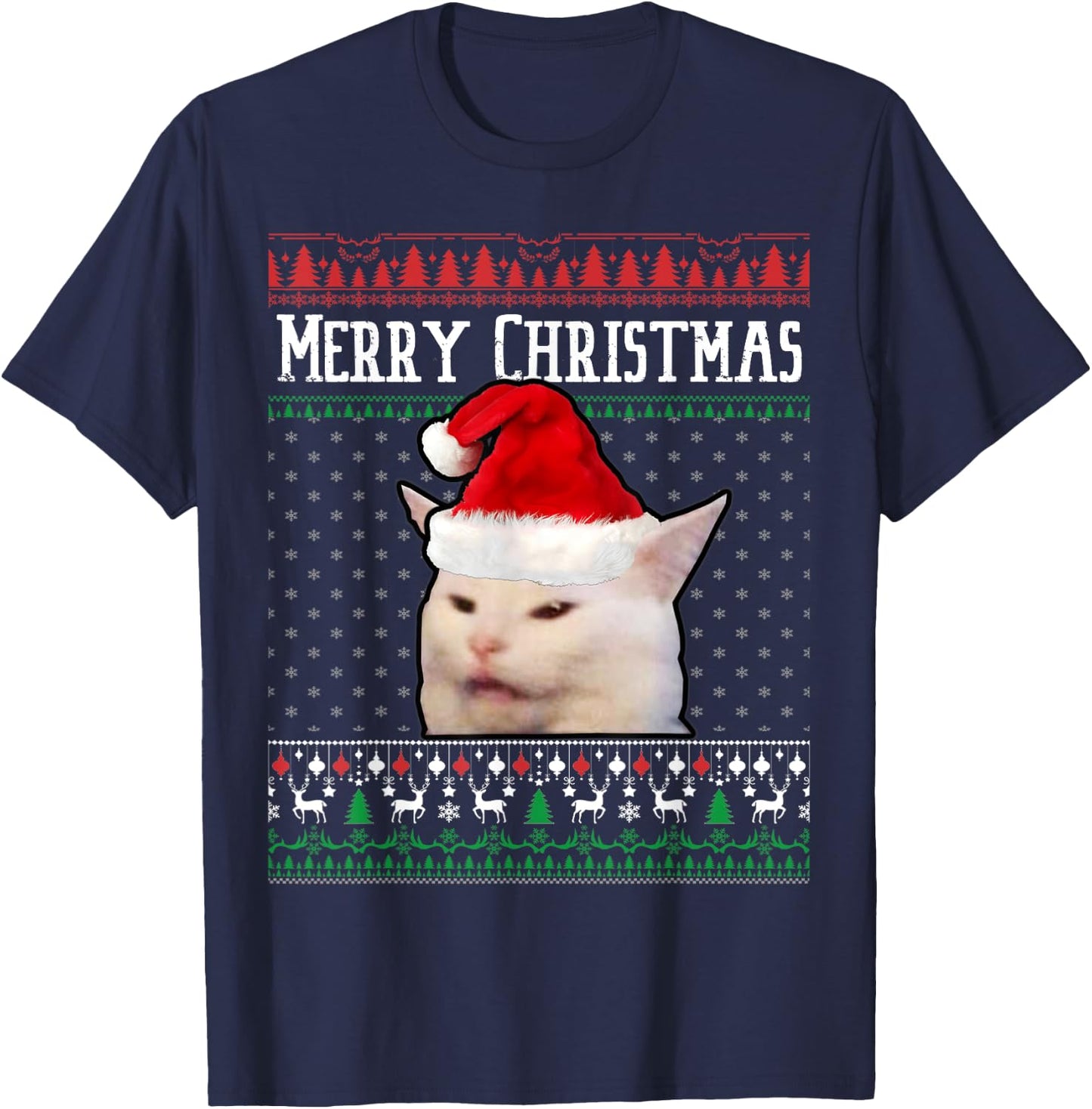 Woman Yelling at a Smudge Cat Ugly Christmas Sweater Meme T-Shirt - T-Shirt | Navy