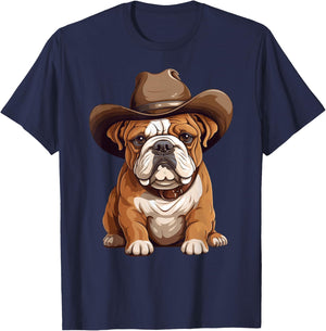 English Bulldog Puppy in Cowboy Hat Bulldog Lover Boys Girls T-Shirt - T-Shirt | Navy