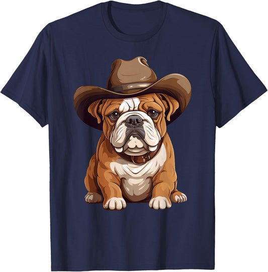 English Bulldog Puppy in Cowboy Hat Bulldog Lover Boys Girls T-Shirt - T-Shirt | Navy