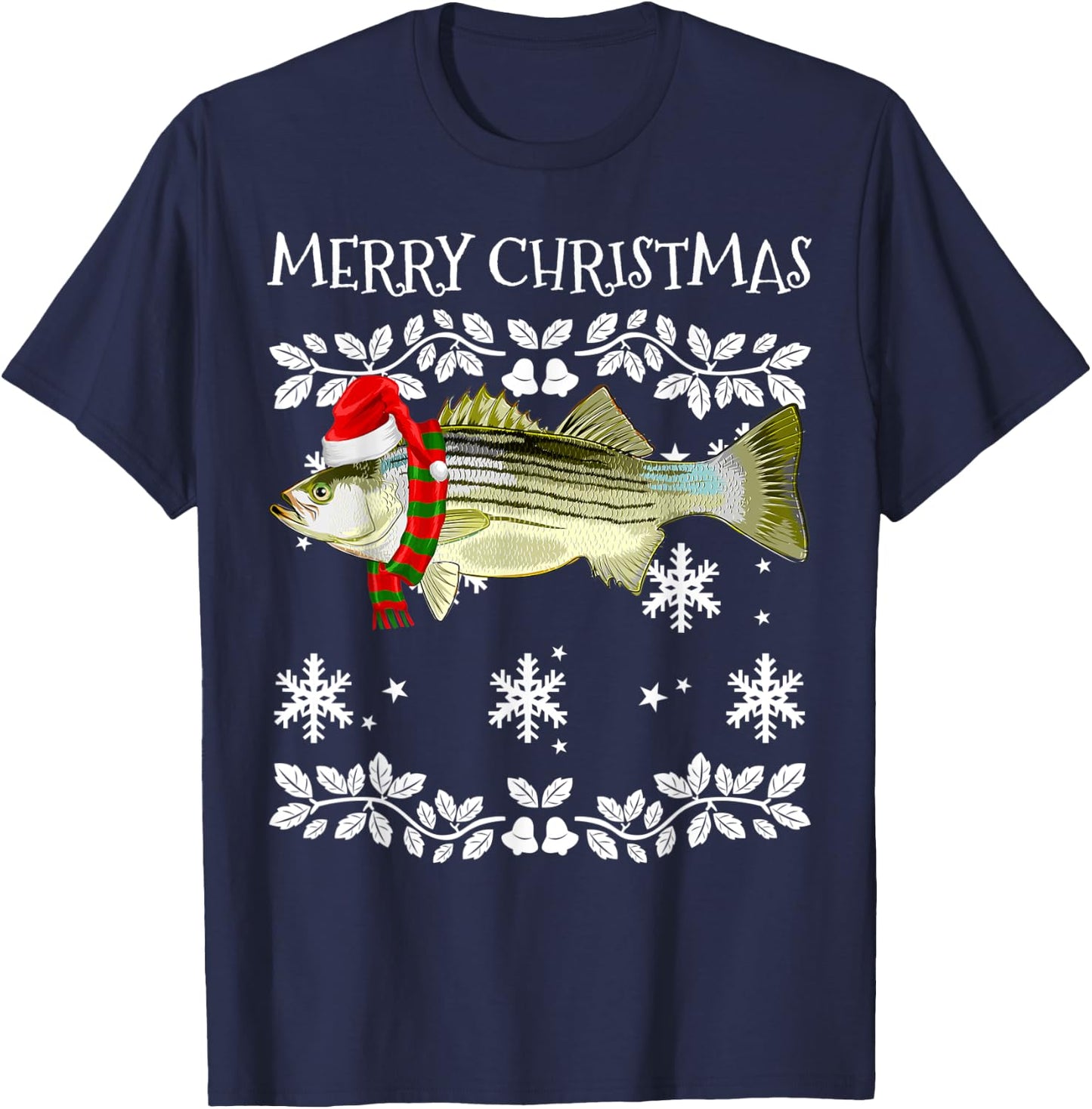 Fish Merry Christmas Ornament Striped Bass Ugly Xmas T-Shirt - T-Shirt | Navy