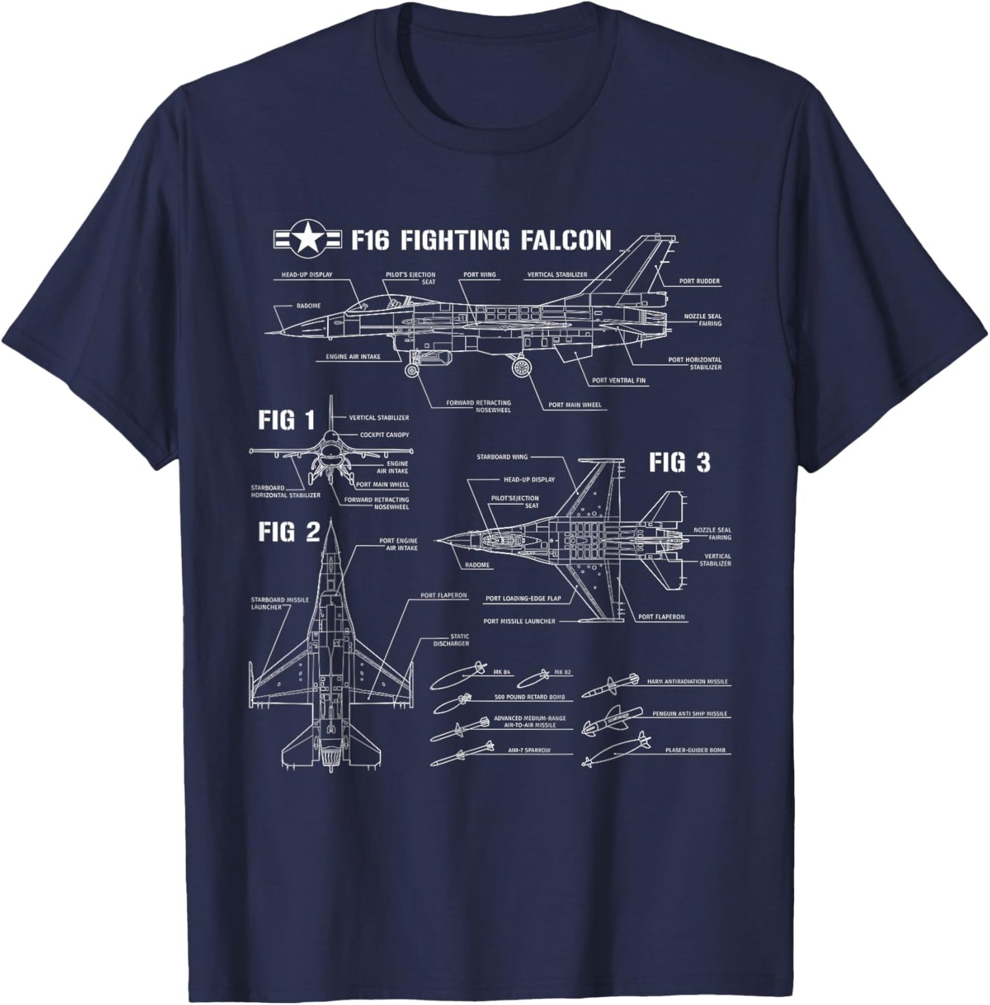 American Aircraft Fighter F16 Falcon Blueprint T-Shirt - T-Shirt | Navy