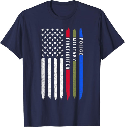 Thin Blue Red Green Line American Flag Police Military Fire T-Shirt - T-Shirt | Navy