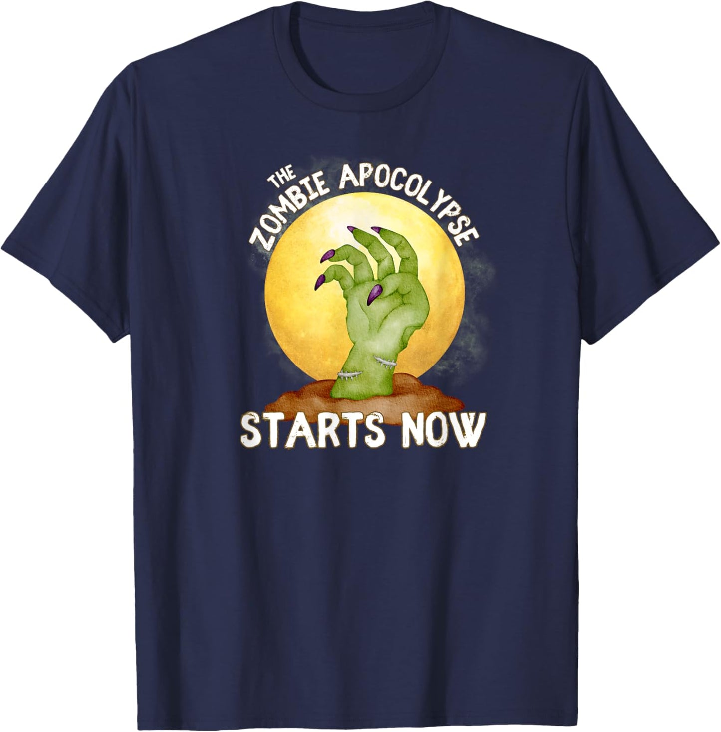 The Zombie Apocalypse Starts Now Zombie Hand Full Moon Grave T-Shirt - T-Shirt | Navy
