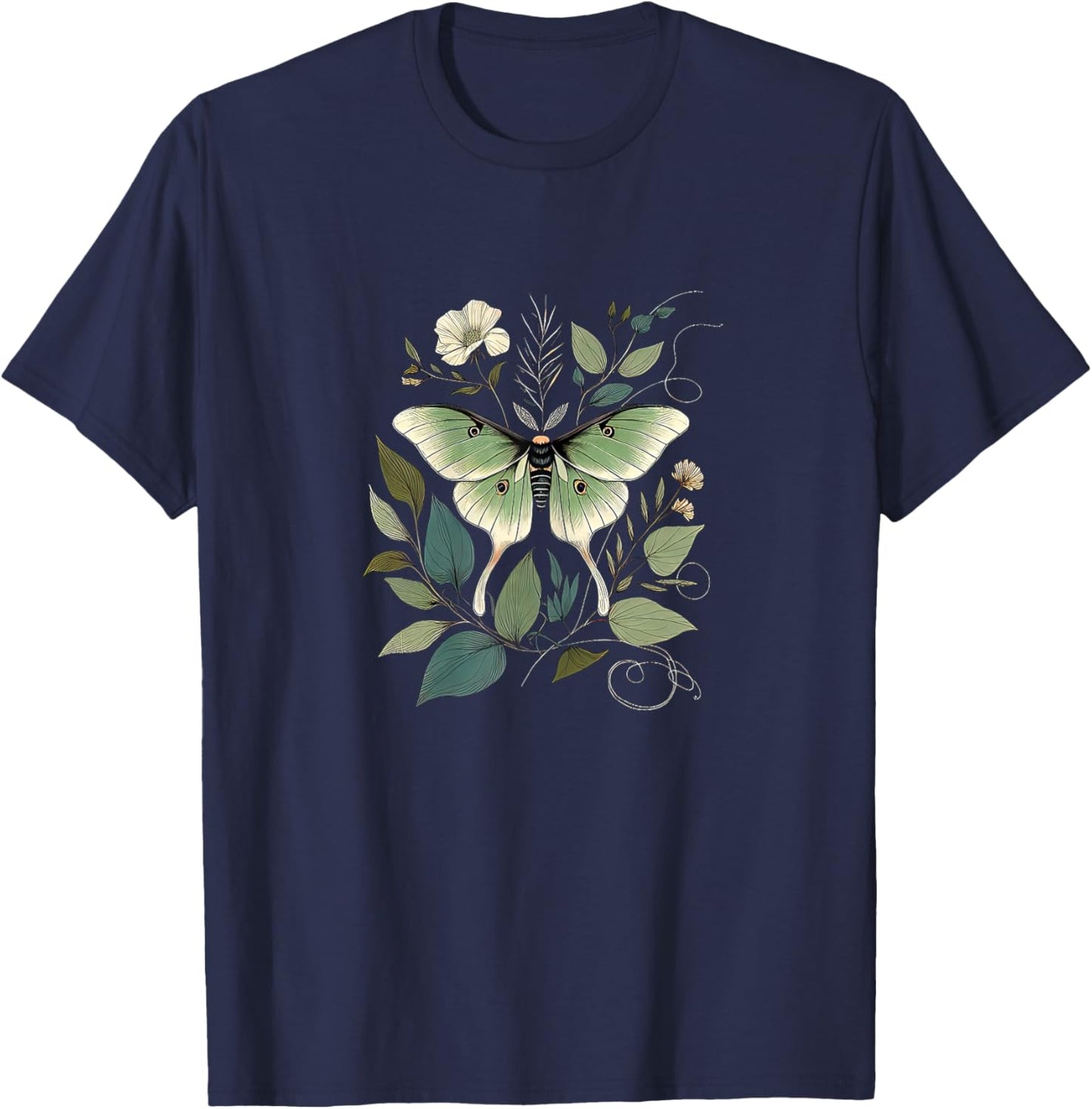 Women's Luna Moth With Moonflower Vine Artisan Boho Fashion T-Shirt - T-Shirt | Navy