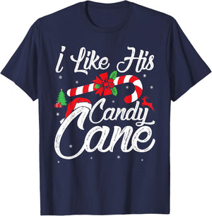 I Like His Candy Cane Couples Matching Christmas Funny T-Shirt - T-Shirt | Navy